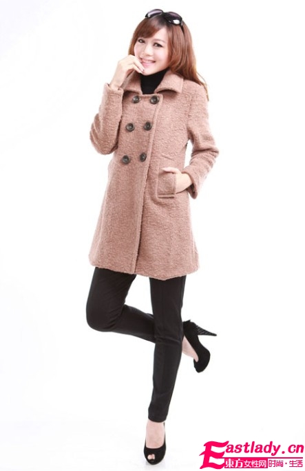 秋冬新款雙排扣純色毛呢大衣 保暖美麗兩不誤