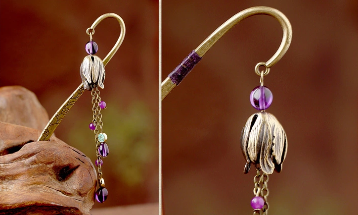 復(fù)古金屬書(shū)簽古典匠心啟航閱讀紫水晶流蘇書(shū)簽