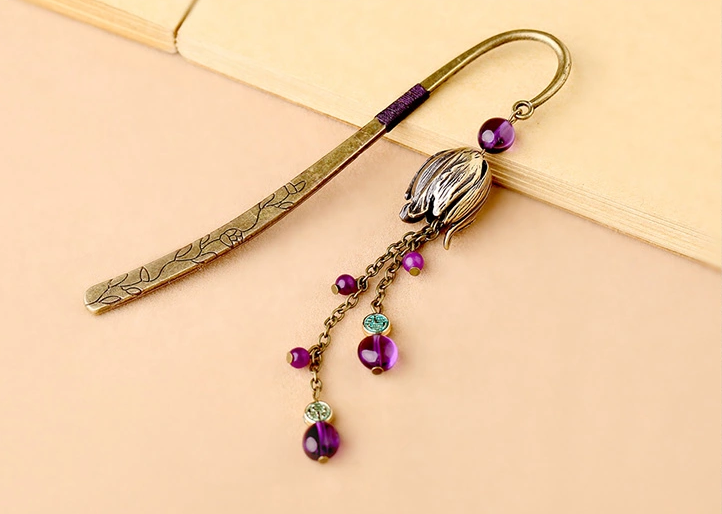 復(fù)古金屬書(shū)簽古典匠心啟航閱讀紫水晶流蘇書(shū)簽