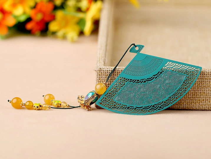 鏤空金屬扇形匠心啟航閱讀綠色瑪瑙流蘇書簽