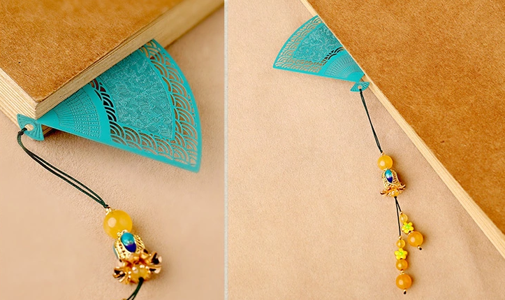 鏤空金屬扇形匠心啟航閱讀綠色瑪瑙流蘇書簽