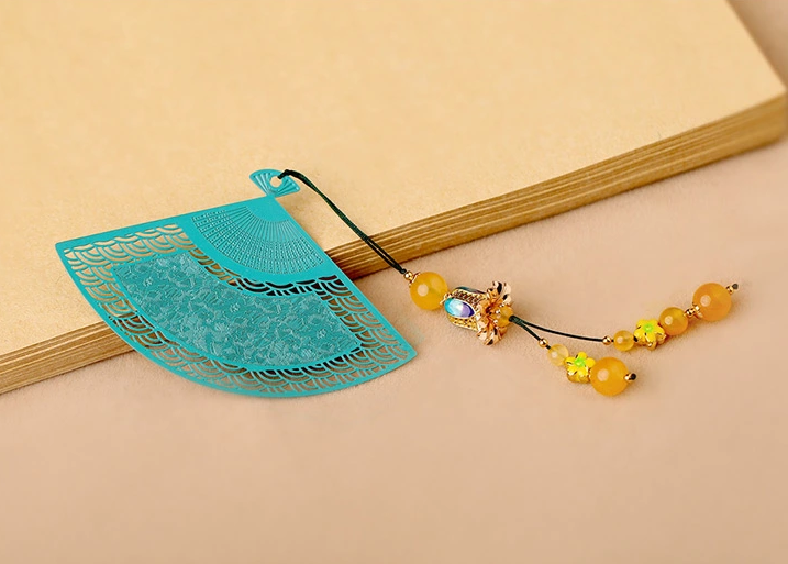 鏤空金屬扇形匠心啟航閱讀綠色瑪瑙流蘇書簽