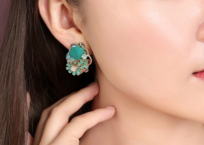 復(fù)古氣質(zhì)彩玉景泰藍(lán)簡約無耳洞耳夾耳環(huán)