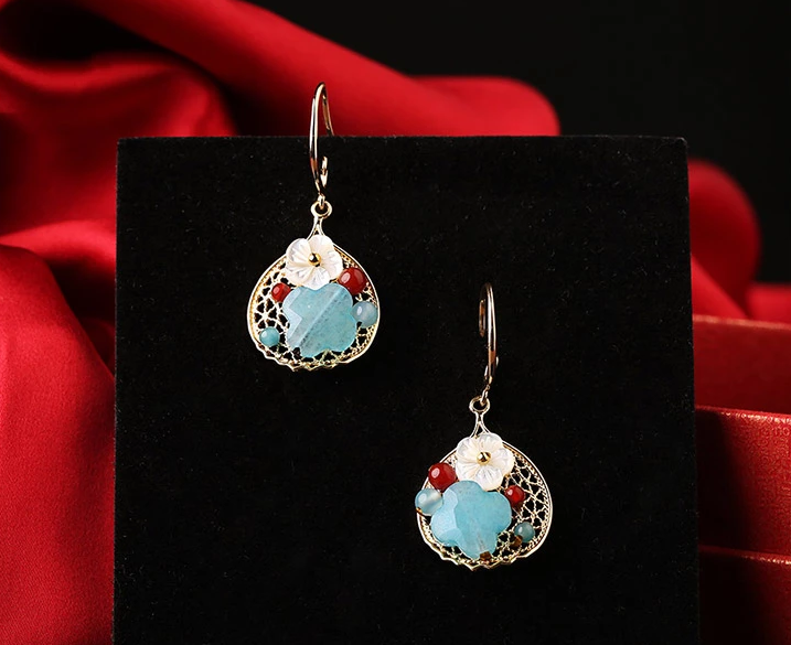 彩玉貝殼花耳墜復(fù)古可愛(ài)耳環(huán)