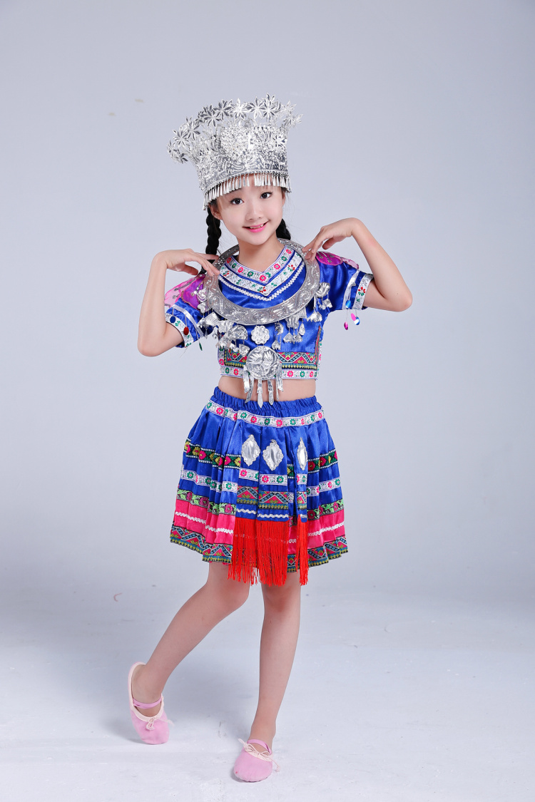 兒童款土家族苗族服飾，百褶裙少數民族服裝