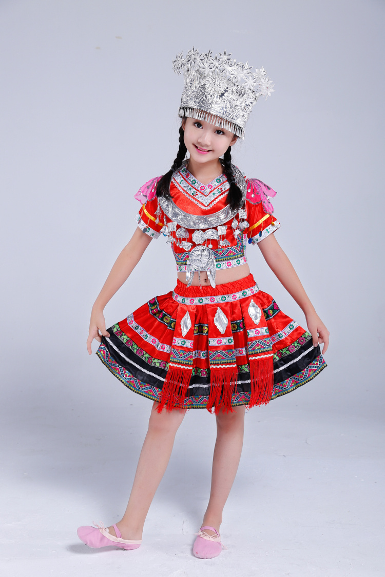 兒童款土家族苗族服飾，百褶裙少數民族服裝