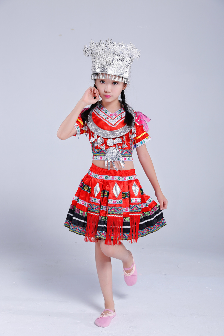 兒童款土家族苗族服飾，百褶裙少數民族服裝