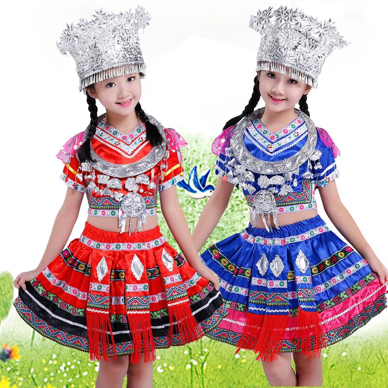 兒童款土家族苗族服飾，百褶裙少數民族服裝