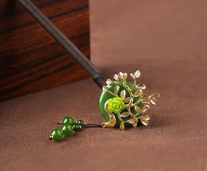 復古綠色頭飾古典木簪子彩玉流蘇步搖