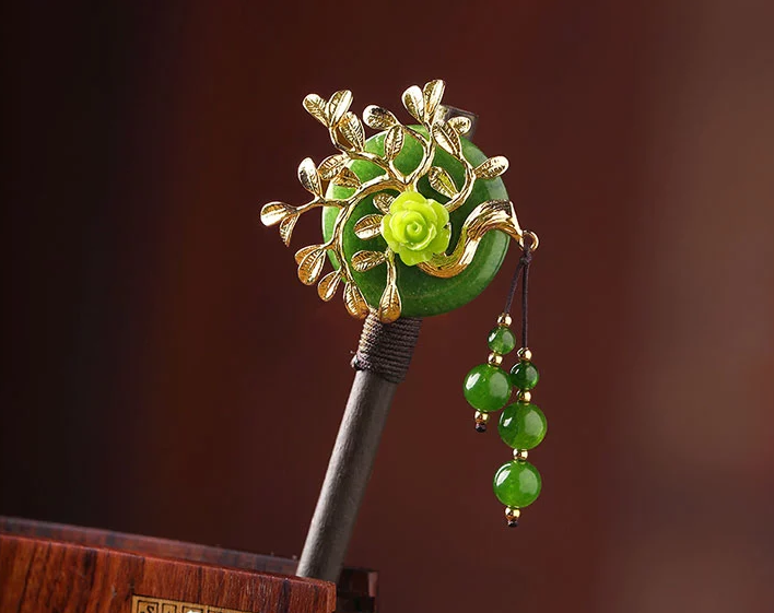 復古綠色頭飾古典木簪子彩玉流蘇步搖