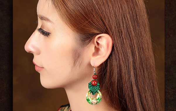 復古風中國結(jié)耳環(huán)綠色景泰藍耳墜首飾