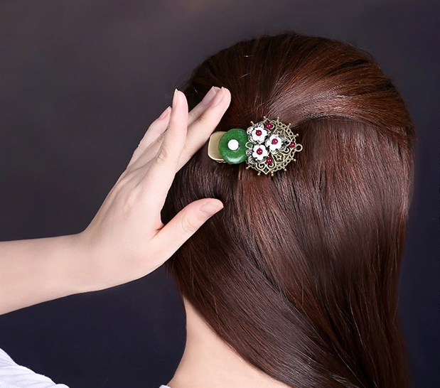 時(shí)尚匠心啟航閱讀頭飾，復(fù)古民族風(fēng)綠彩玉扣發(fā)夾