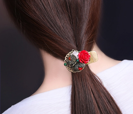 漆雕玫瑰復(fù)古盤發(fā)頭飾，金屬鴨嘴夾發(fā)夾
