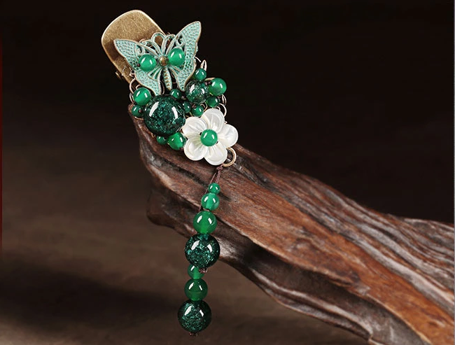 古風(fēng)蝶花林發(fā)夾，琉璃流蘇鴨嘴夾頭飾