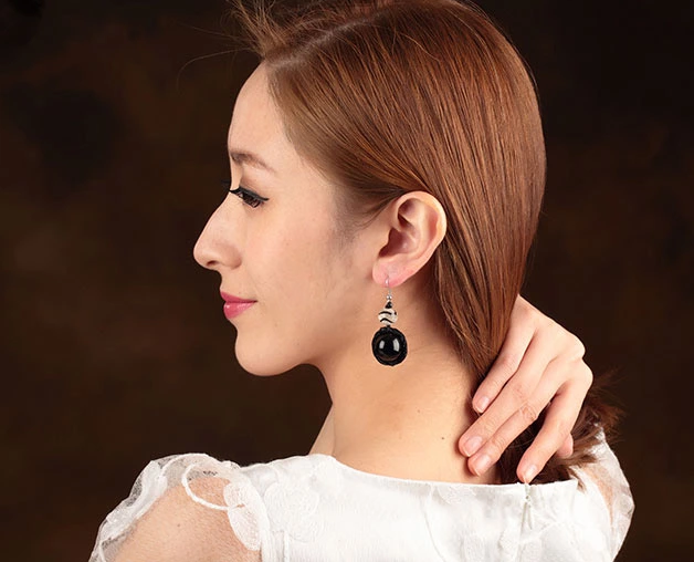 黑瑪瑙天珠耳墜西藏復古風耳環(huán)首飾