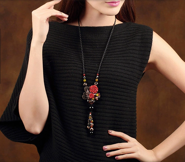 紅玫瑰朱砂吊墜毛衣鏈復古風項鏈首飾