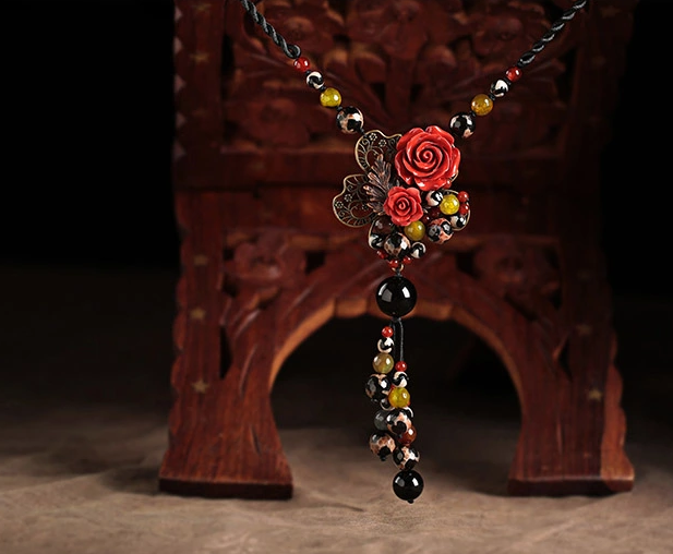 紅玫瑰朱砂吊墜毛衣鏈復古風項鏈首飾