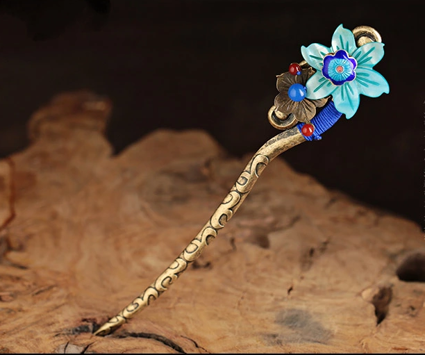 藍色貝殼花朵發(fā)飾古風(fēng)盤發(fā)簪子頭飾