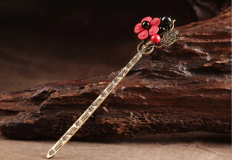 匠心啟航閱讀紅色花朵簪子清新頭飾