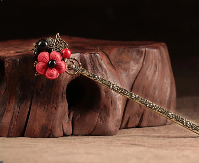 匠心啟航閱讀紅色花朵簪子清新頭飾