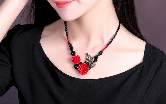 匠心啟航閱讀紅色玫瑰吊墜復古項鏈新娘首飾