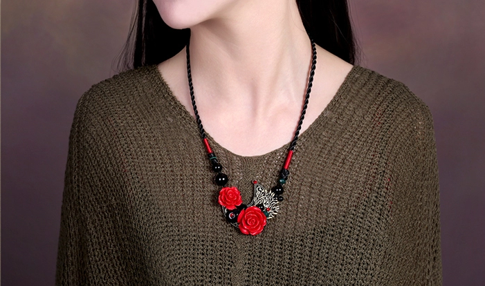 匠心啟航閱讀紅色玫瑰吊墜復古項鏈新娘首飾