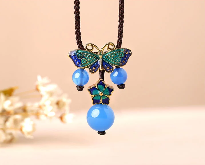 蝴蝶景泰藍項鏈藍色鎖骨鏈民族風首飾