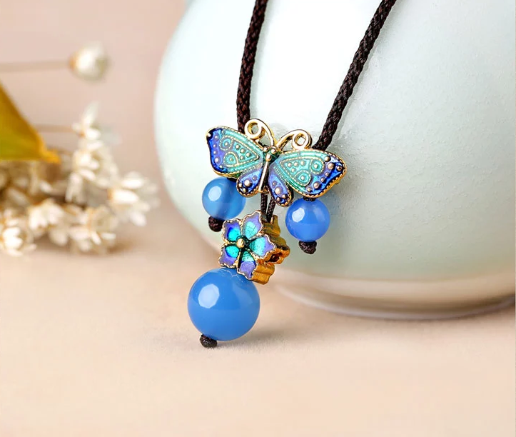 蝴蝶景泰藍項鏈藍色鎖骨鏈民族風首飾