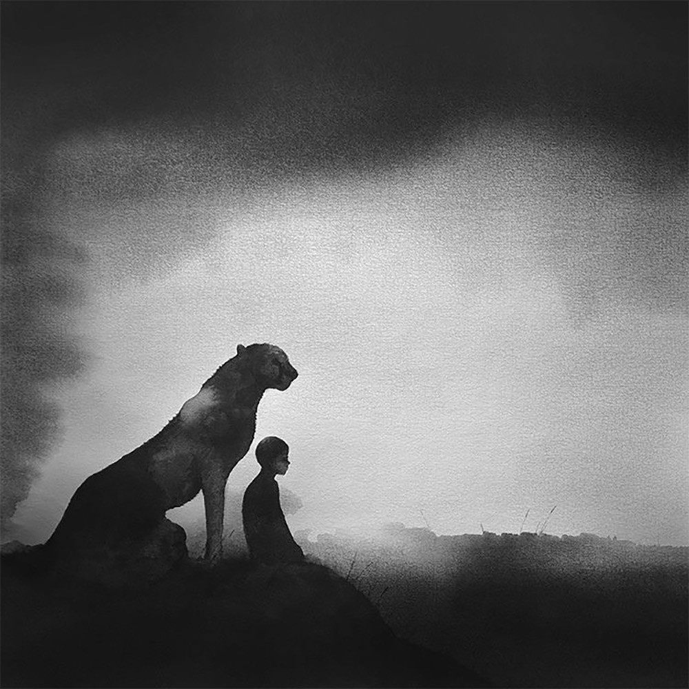 黑白水彩手繪裝飾畫，孩子與野獸