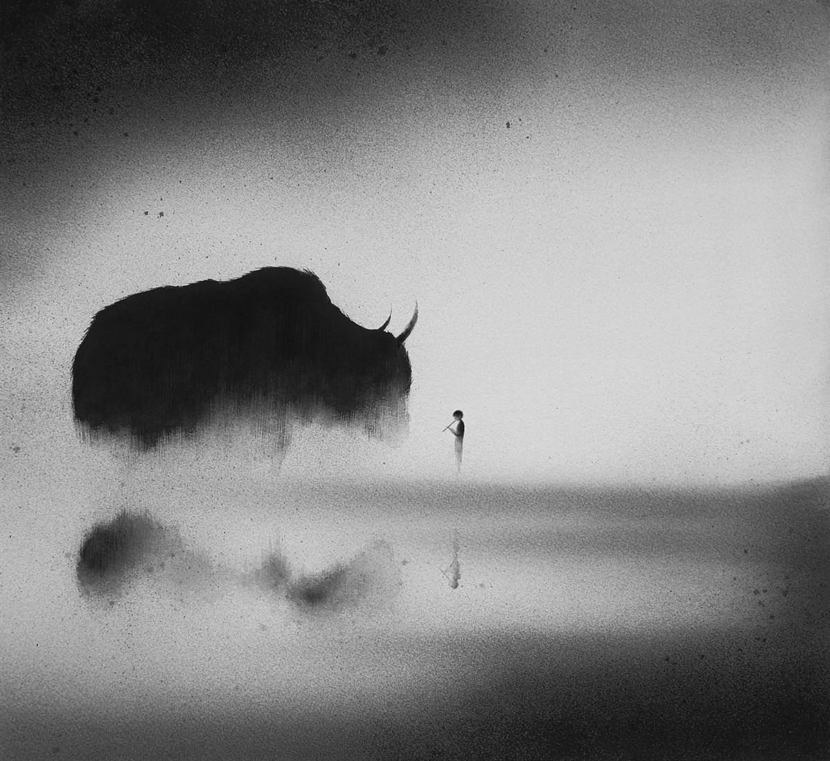 黑白水彩手繪裝飾畫，孩子與野獸