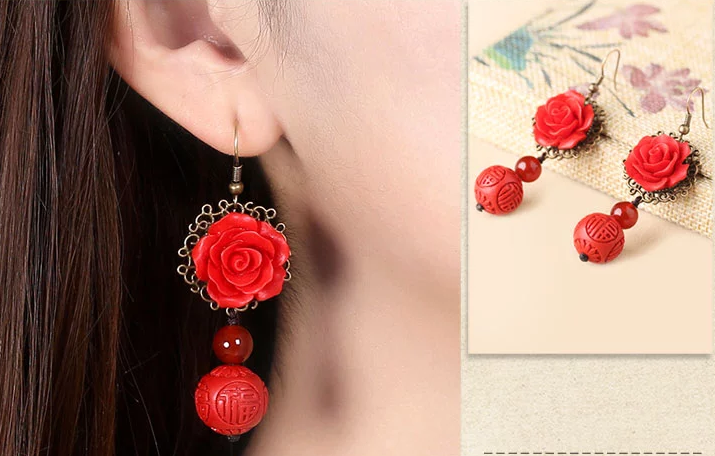 匠心啟航閱讀紅色耳墜新娘配飾漆雕耳環(huán)