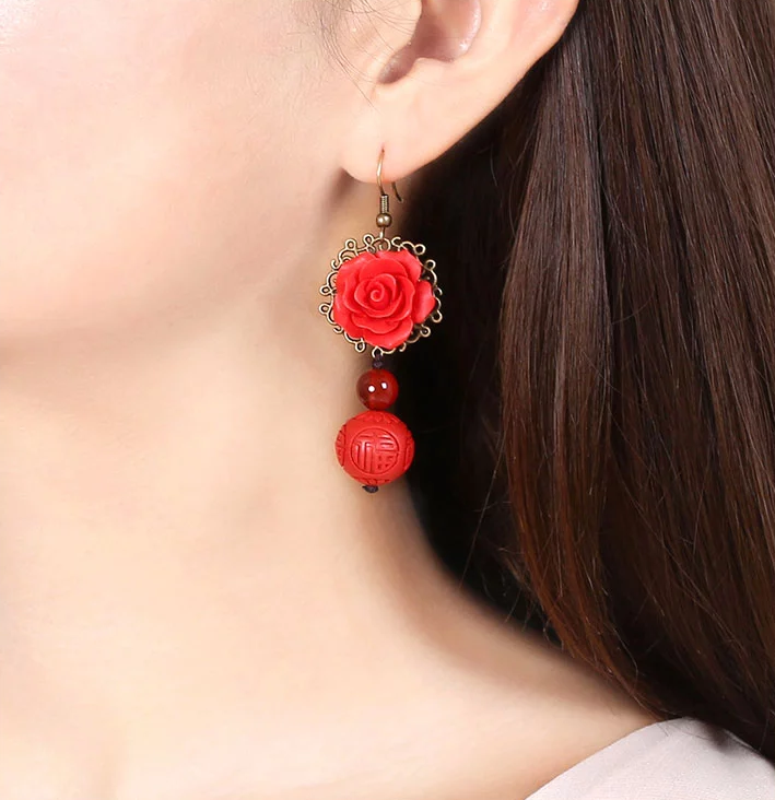 匠心啟航閱讀紅色耳墜新娘配飾漆雕耳環(huán)