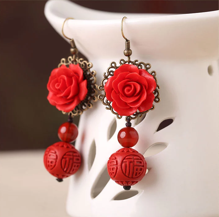 匠心啟航閱讀紅色耳墜新娘配飾漆雕耳環(huán)