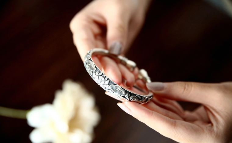 民族時尚復古風水滴頭魚蓮荷花銀手鐲