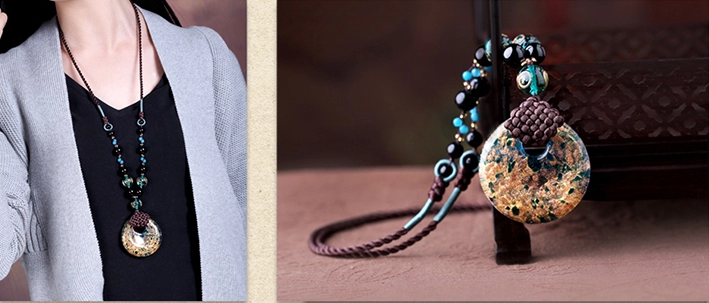 復古毛衣鏈古風琉璃吊墜項鏈