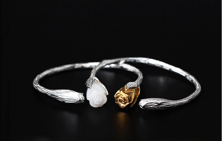 匠心啟航閱讀復古風白玉蘭花開口手鐲