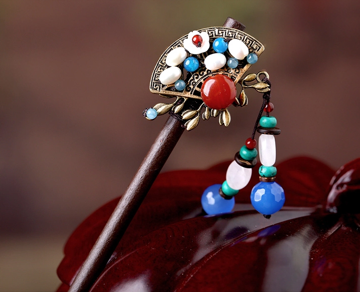 復(fù)古發(fā)簪扇形步搖木簪古典盤(pán)發(fā)簪子頭飾