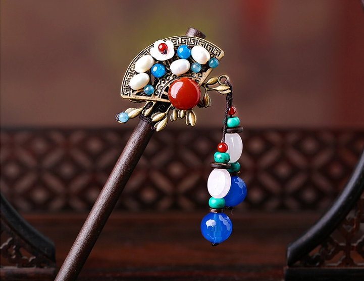 復(fù)古發(fā)簪扇形步搖木簪古典盤(pán)發(fā)簪子頭飾