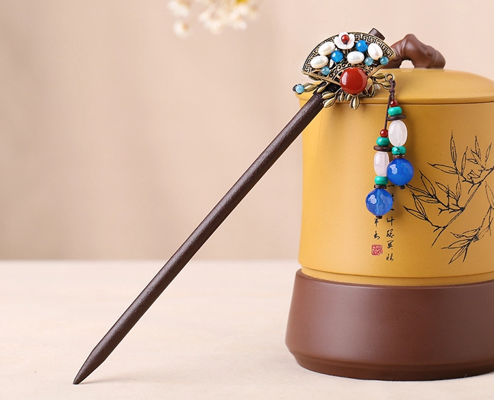 復(fù)古發(fā)簪扇形步搖木簪古典盤(pán)發(fā)簪子頭飾