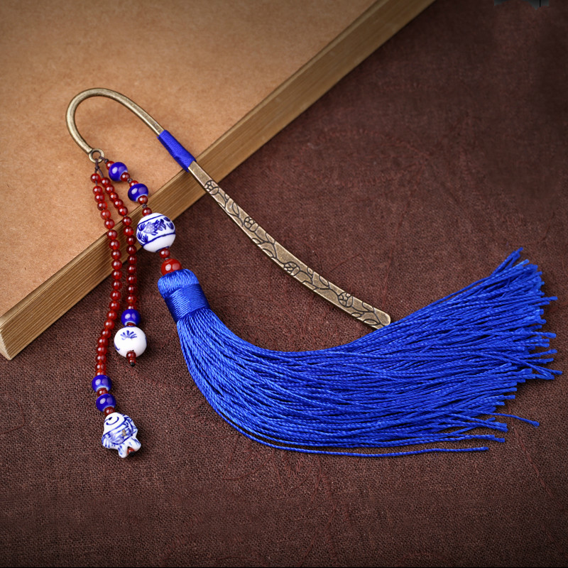藍(lán)色匠心啟航閱讀復(fù)古青花瓷古風(fēng)流蘇書簽