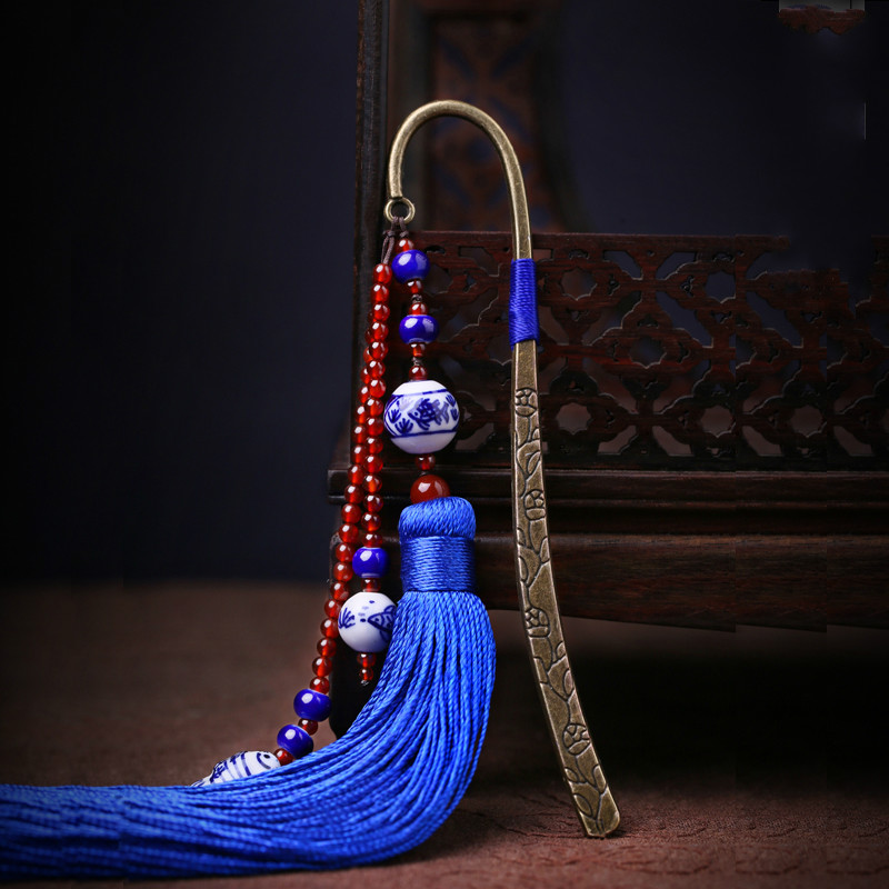 藍(lán)色匠心啟航閱讀復(fù)古青花瓷古風(fēng)流蘇書簽