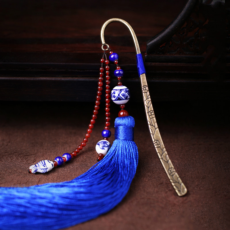 藍(lán)色匠心啟航閱讀復(fù)古青花瓷古風(fēng)流蘇書簽