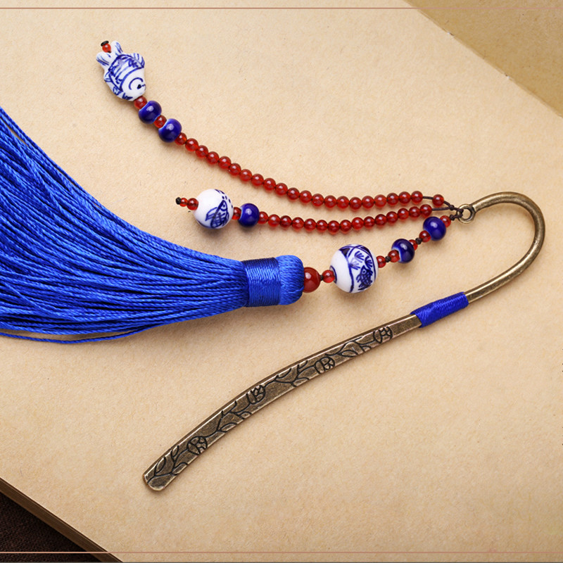 藍(lán)色匠心啟航閱讀復(fù)古青花瓷古風(fēng)流蘇書簽