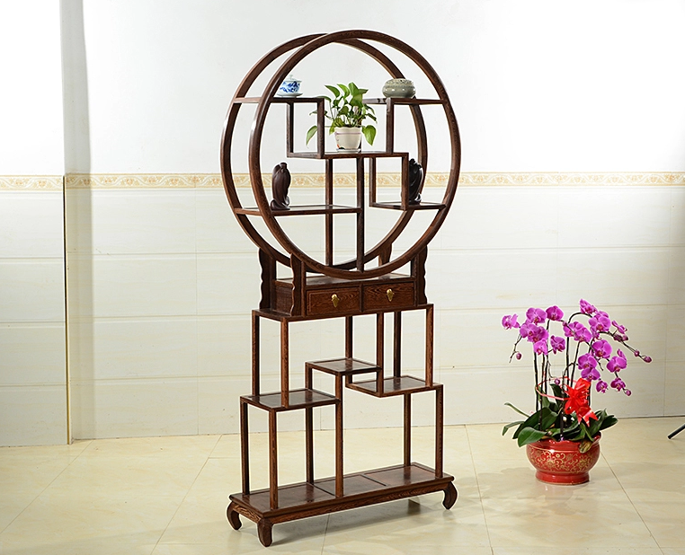 中式古典雞翅木博古架，實(shí)木圓形博古架
