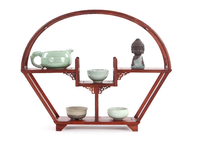 四款紅木紫砂壺架子，血檀博古架造型