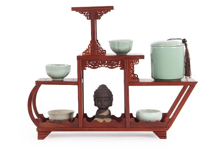 四款紅木紫砂壺架子，血檀博古架造型