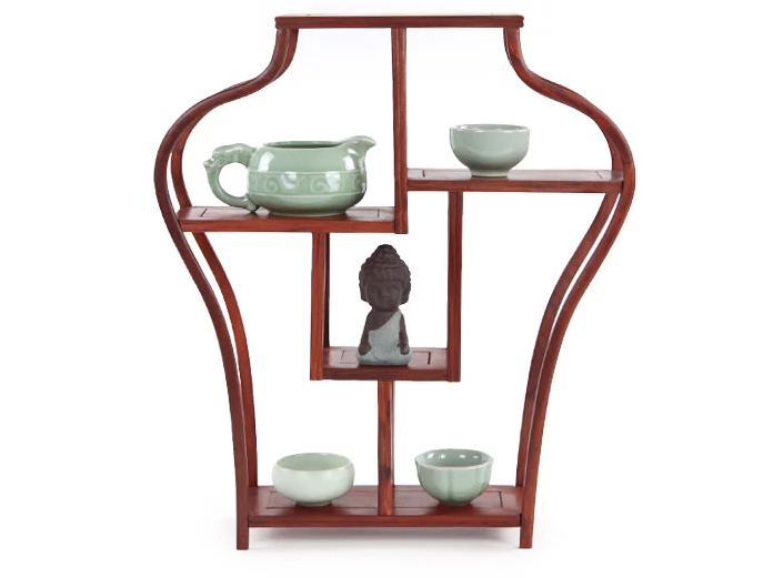 四款紅木紫砂壺架子，血檀博古架造型