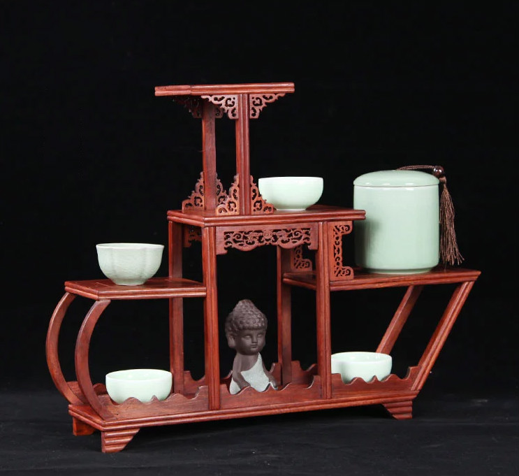 四款紅木紫砂壺架子，血檀博古架造型