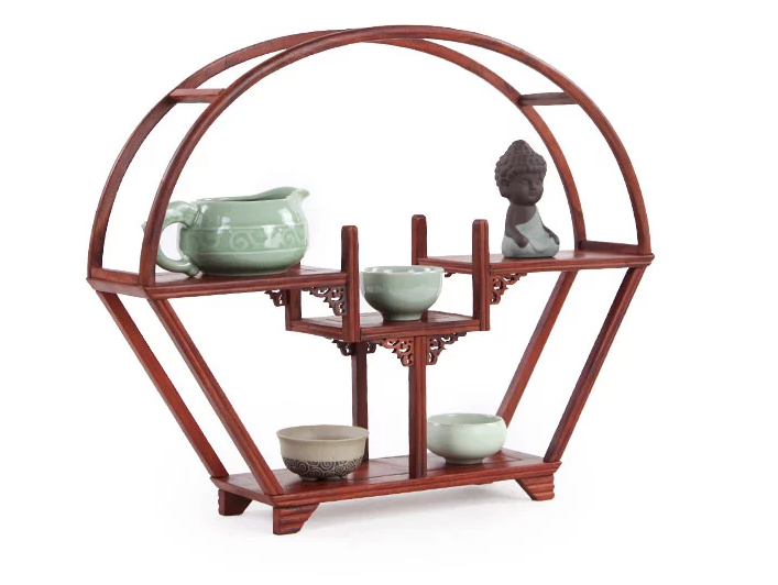 四款紅木紫砂壺架子，血檀博古架造型