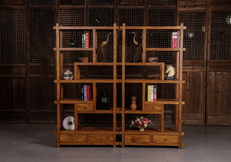 中式博古架隔斷，新中式簡約榆木博古架